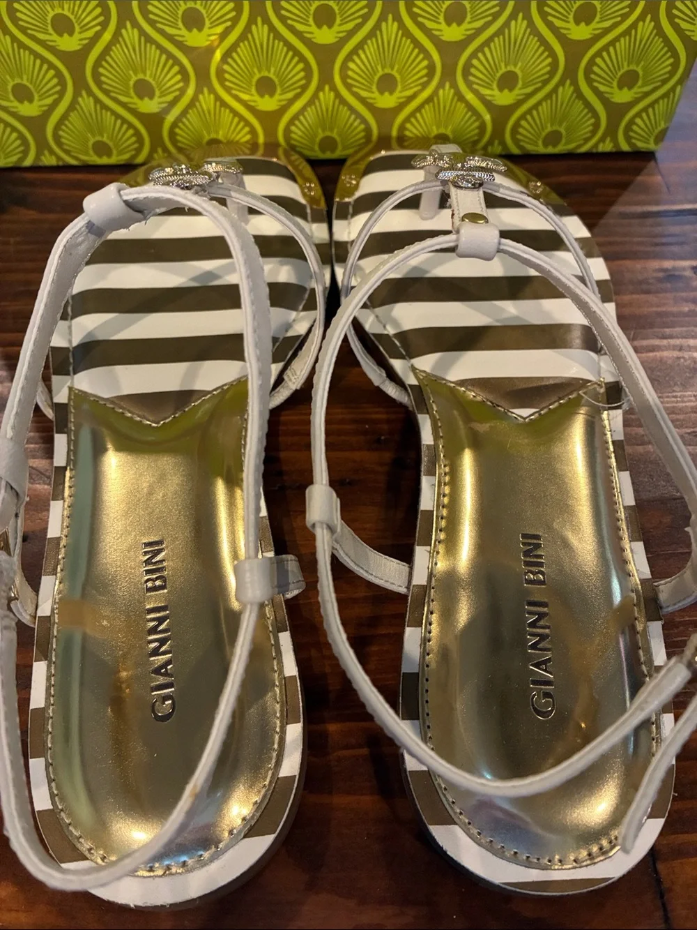 Gianni Bini White and Brown Striped Anchor T-Strap Sandals
